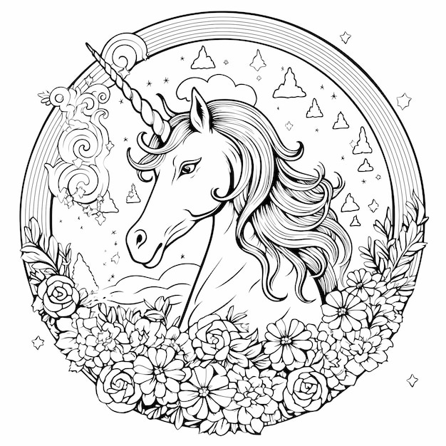 Unicornio romántico con luna para colorear