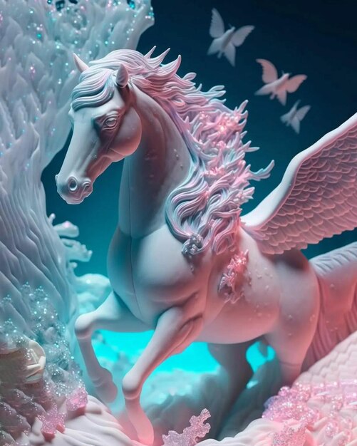 Un unicornio rosa con alas está sobre un fondo azul.