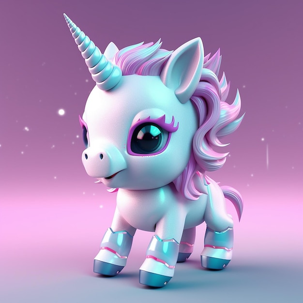 Un unicornio rosa con cabello morado y azul y botas moradas.