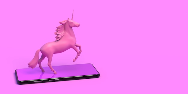 Unicórnio rosa em um smartphone. Bandeira. Resumo. Ilustração 3D.