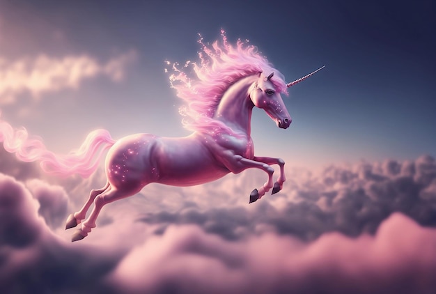 Unicornio rosa mágico en el cielo de fondo con nubes rosas