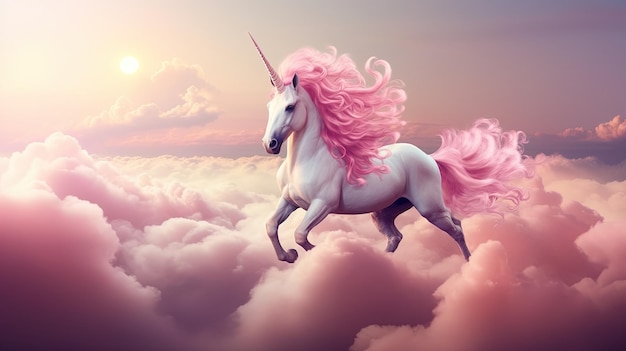 Unicornio rosa sobre las nubes