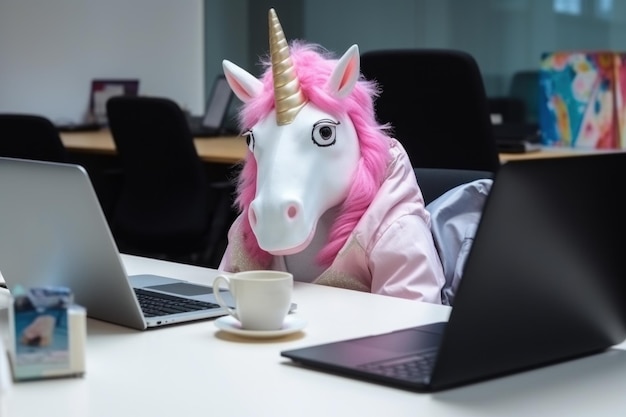 Foto un unicornio rosa está trabajando en una computadora portátil ai generative