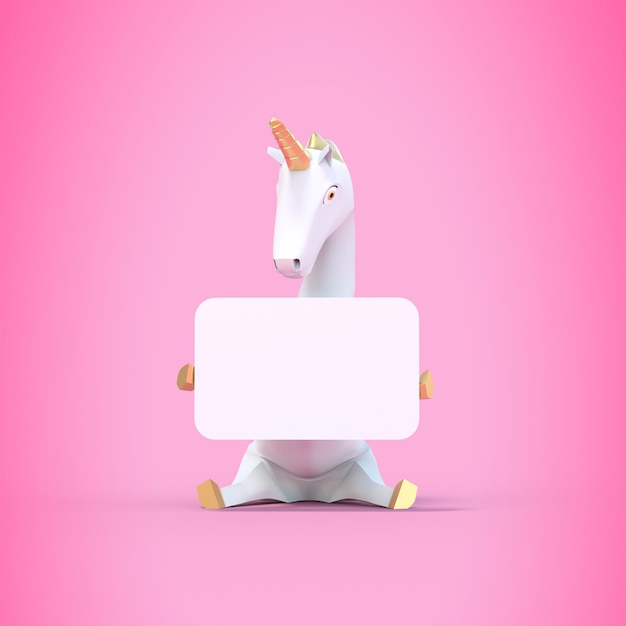 Foto unicornio sentado con un cartel sobre fondo rosa - 3d render