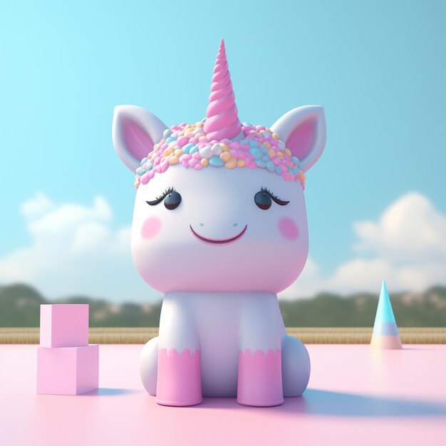 Un unicornio con un sombrero rosa se sienta sobre una superficie rosa.