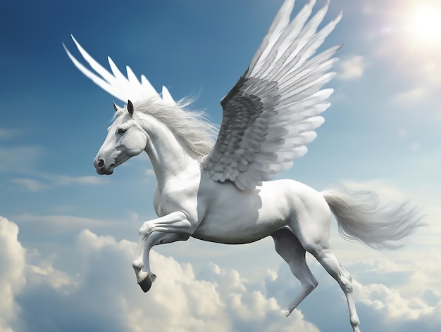 Unicornio volador de ala derecha alas blancas puras con una pequeña cola gris