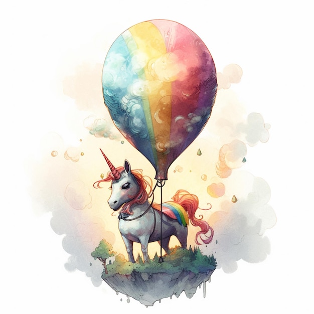 Un unicornio vuela en un globo aerostático.