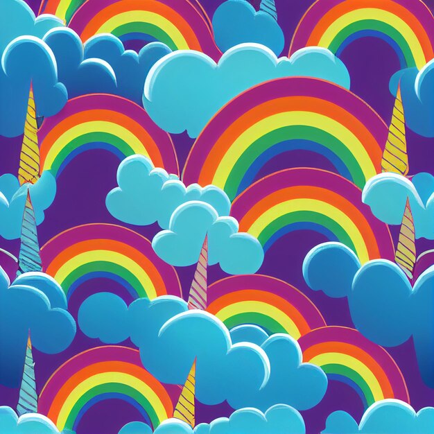 Unicornios arcoíris en el cielo con nubes.