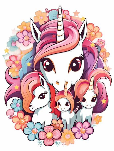 unicornios con flores lindo diseño vectorial