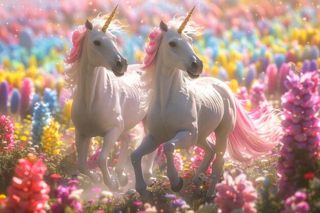 Los unicornios mágicos trotan por un arco iris