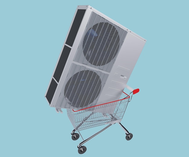 unidad de aire acondicionado exterior de dos ventiladores en un carrito de compras 3d