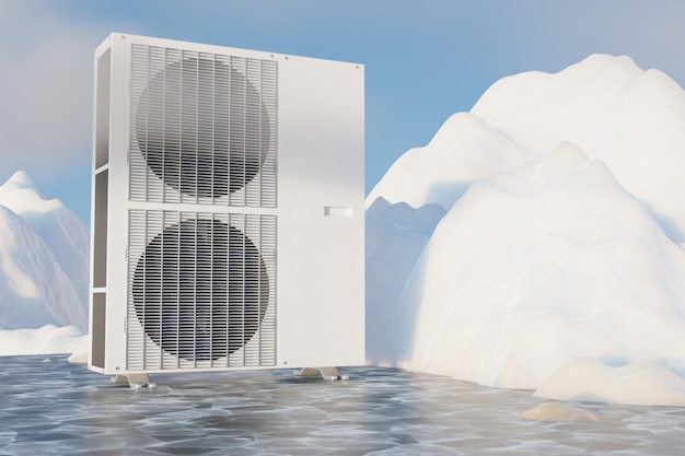 unidad de aire acondicionado exterior de dos ventiladores en el fondo de una montaña de hielo 3d