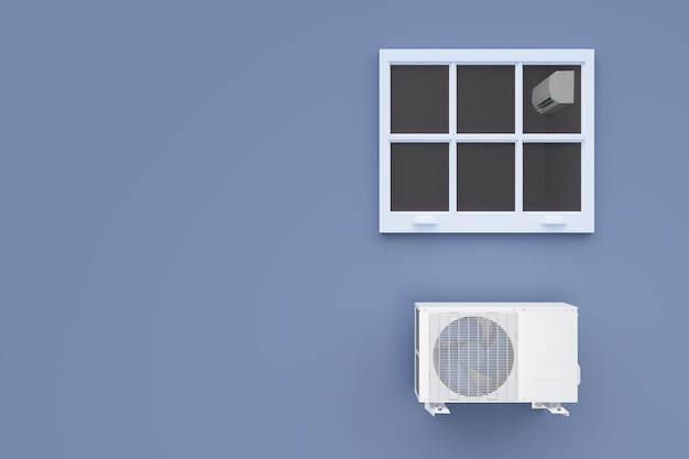 Foto unidad de aire acondicionado exterior e interior sobre fondo azul con ventana 3d render