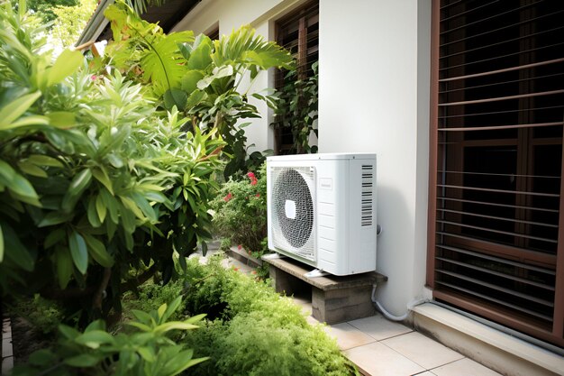 Unidad de aire acondicionado externa en la pared al aire libre Clima tropical cálido IA generativa