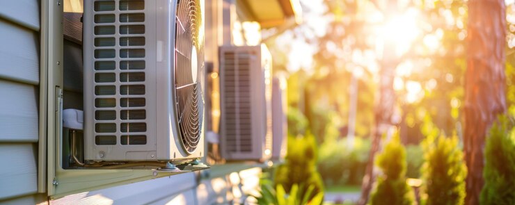 Unidad de aire acondicionado moderna instalada fuera de una casa contemporánea con jardín exuberante