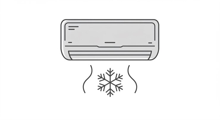 Unidad de aire acondicionado montada en la pared con un copo de nieve y líneas de aire frío