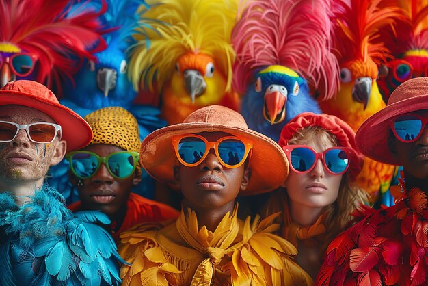 Foto unidad colorida multitud diversa y trajes inspirados en los canarios