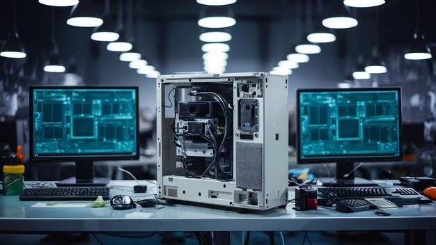 Foto unidad de computadora desmontada en una mesa con monitores