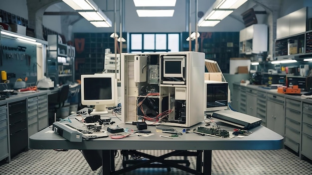 Foto unidad de computadora desmontada en una mesa con monitores