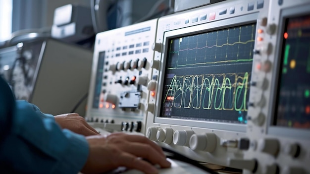 Foto en una unidad de cuidados intensivos, un médico está utilizando una máquina de análisis de monitor cardíaco e ia generativa