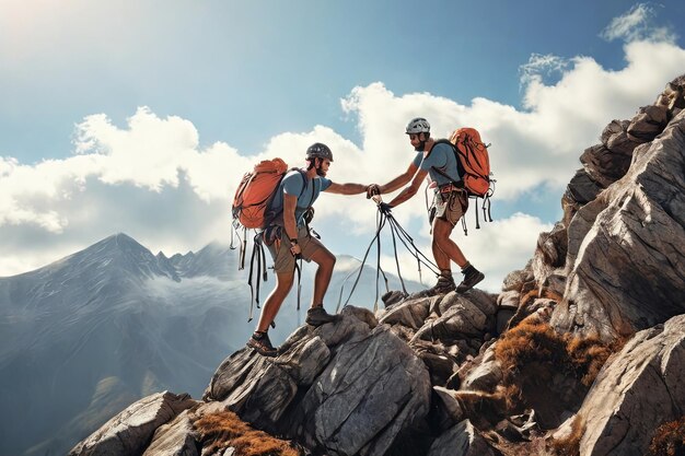 Foto la unidad y la determinación brillan cuando tres amigos escaladores se apoyan mutuamente para conquistar desafíos.