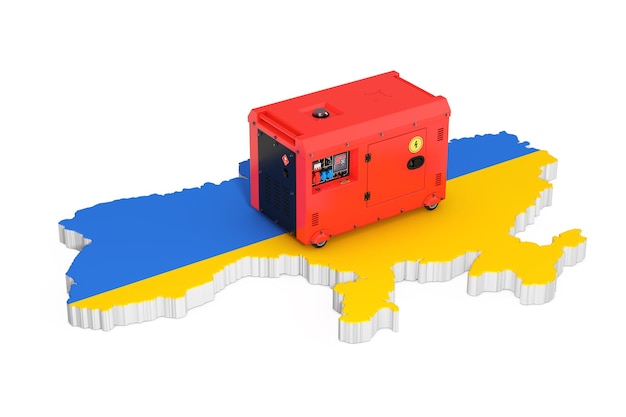Unidad diesel del generador de energía eléctrica auxiliar exterior roja grande para uso de emergencia sobre representación 3d del mapa ucraniano