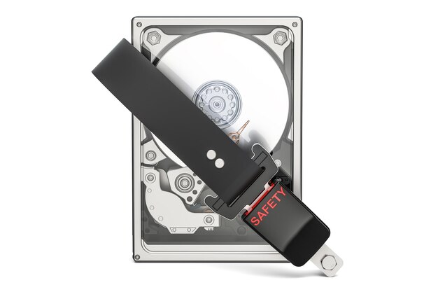 Unidad de disco duro HDD con cinturón de seguridad Concepto de seguridad y protección Representación 3D