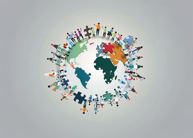 Unidad en la diversidad Una ilustración colorida de cómo las personas de diferentes culturas se unen en todo el mundo