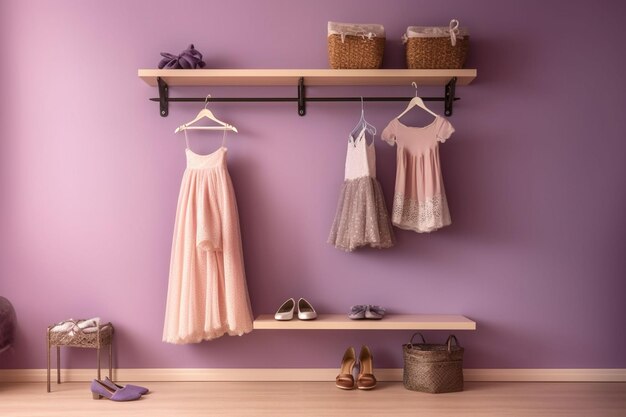 Unidad de estantería con vestidos infantiles cerca de la pared de lila