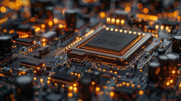 Una unidad de procesador que utiliza inteligencia artificial Poderoso componente de IA cuántica en la placa base del PCB con transferencias de datos