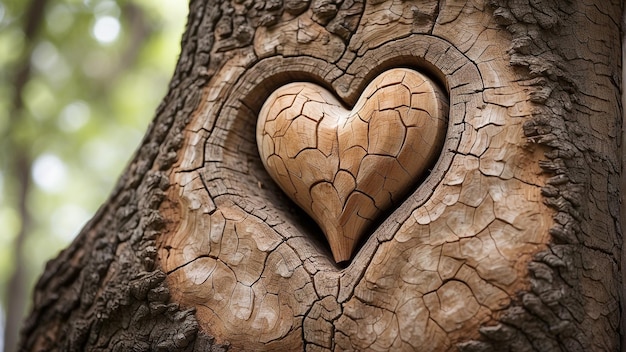 Foto unidad tallada en forma de corazón de madera en un tronco de árbol versión 5