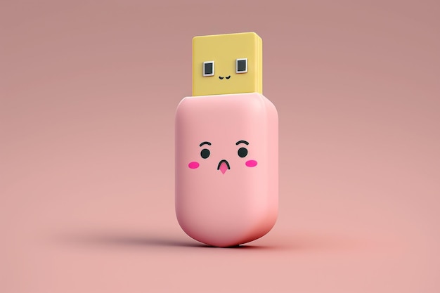 Una unidad USB rosa con una cara sonriente en la parte superior.