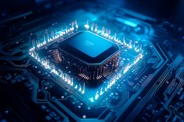 Unidade de processamento central avançada CPU conceito de segurança de rede Chip da placa-mãe Fundo de ciência de tecnologia AI gerado Foco seletivo