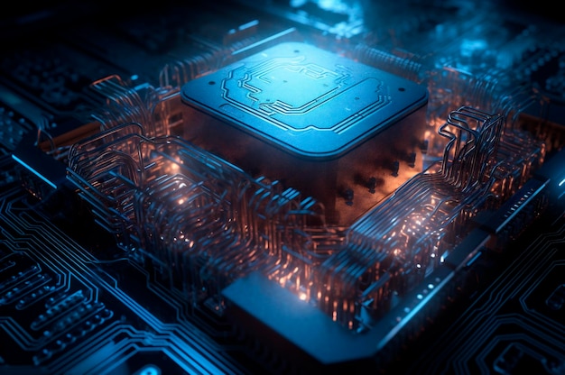 Unidade de processamento central avançada CPU conceito de segurança de rede Chip da placa-mãe Fundo de ciência de tecnologia AI gerado Foco seletivo