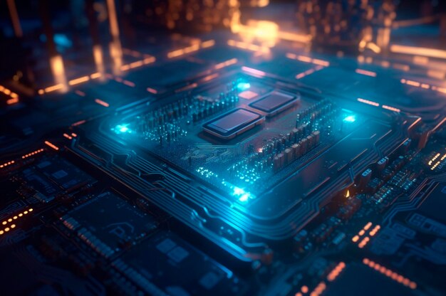 Unidade de processamento central avançada CPU conceito de segurança de rede Chip da placa-mãe Fundo de ciência de tecnologia AI gerado Foco seletivo