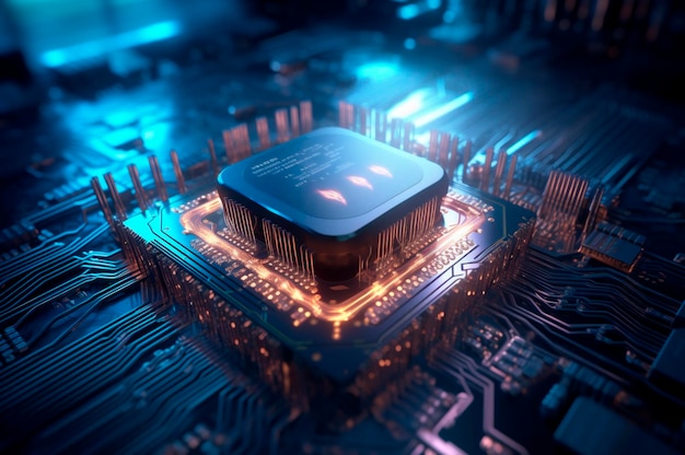 Unidade de processamento central avançada CPU conceito de segurança de rede Chip da placa-mãe Fundo de ciência de tecnologia AI gerado Foco seletivo