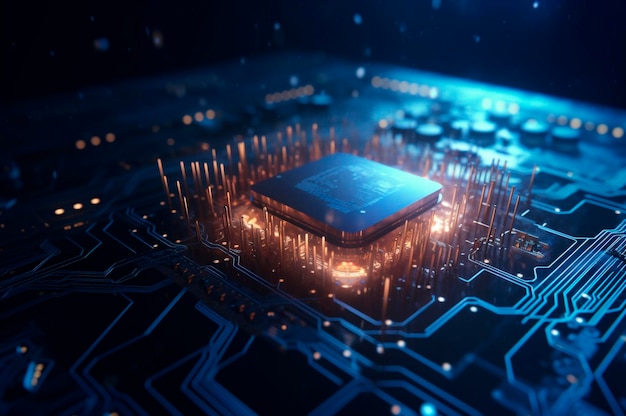 Unidade de processamento central avançada CPU conceito de segurança de rede Chip da placa-mãe Fundo de ciência de tecnologia AI gerado Foco seletivo