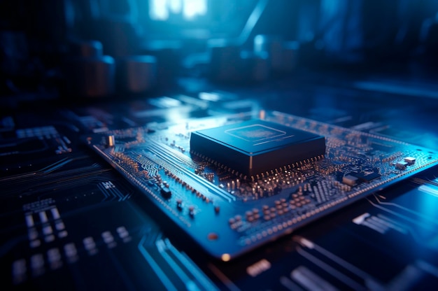 Unidade de processamento central avançada CPU conceito de segurança de rede Chip da placa-mãe Fundo de ciência de tecnologia AI gerado Foco seletivo