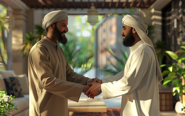Unidade do Eid al-Fitr Apertar de Mão de coração com um homem muçulmano em uma sala moderna com decoração de plantas naturais