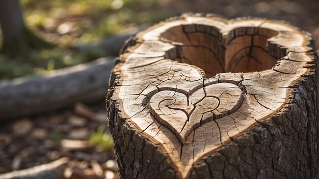 Foto unidade esculpida em forma de coração de madeira em um tronco de árvore versão 5