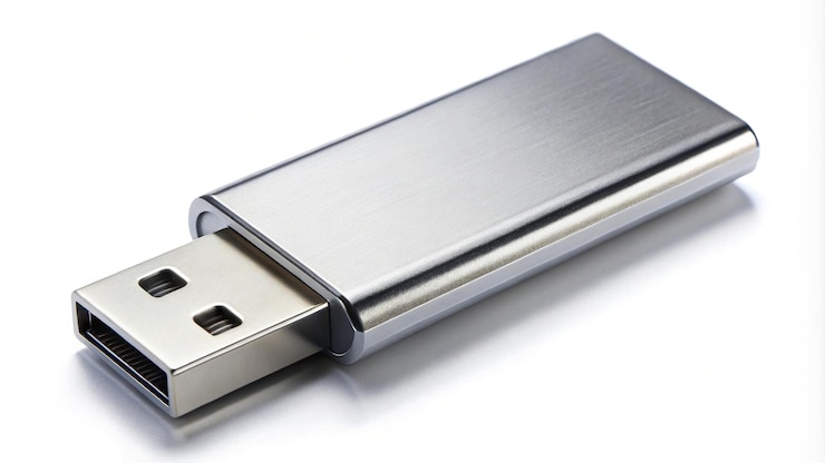 Foto unidade flash usb com invólucro metálico e conector exposto em close-up