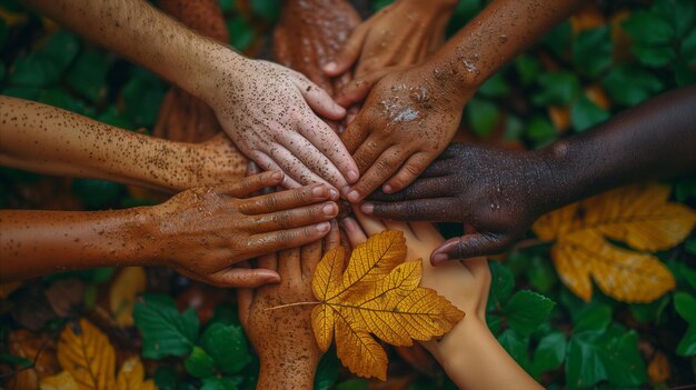 Foto unidade na diversidade mãos multicoloridas juntas entre as folhas de outono