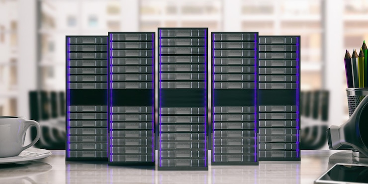 Foto unidades de almacenamiento de servidor de computadora en la ilustración 3d de fondo de oficina