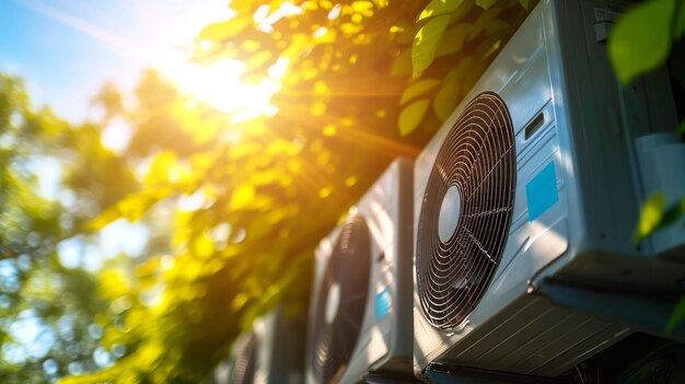 Foto unidades de climatización al aire libre que funcionan en pleno sol y con follaje verde