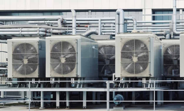 Unidades de ar condicionado HVAC no telhado de um edifício industrial com céu azul e nuvens ao fundo