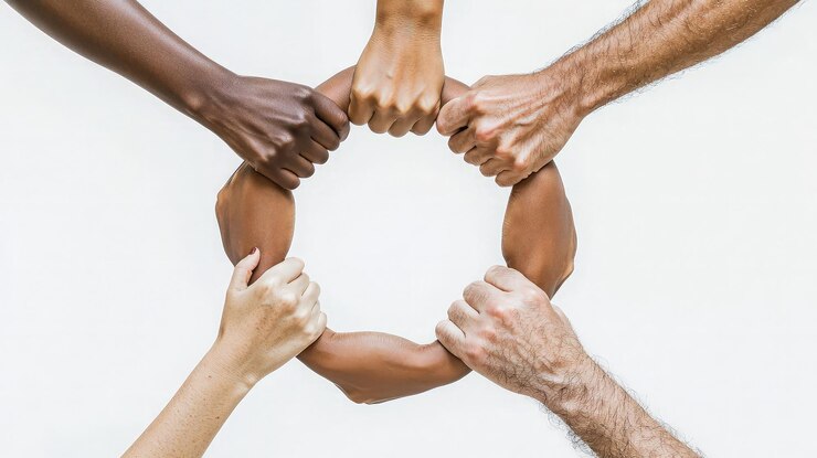 Unidas en unidad diversas manos que forman un círculo de apoyo