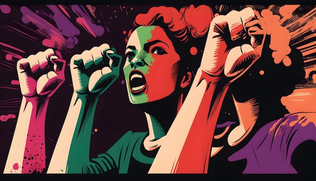 Foto unidos e fortes, ilustração vetorial da marcha feminista no dia internacional da mulher