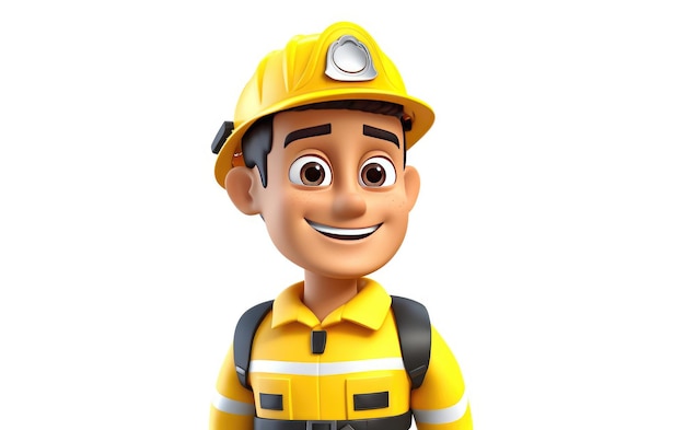 Uniforme amarelo vestindo um bombeiro com estilo cartoon isolado em fundo branco