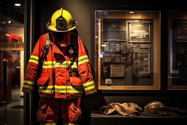 Foto uniforme de bombeiro e capacete no departamento de bombeiros no edifício traje de bunker de bombeiros exibido na estação de bombeiros ai gerado