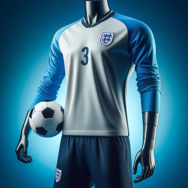 Foto uniforme de futebol em um manequim em um fundo azul